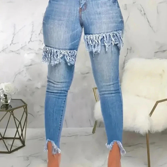 Fringe Trim Medium Stretch Jeans - Picture 1 of 4